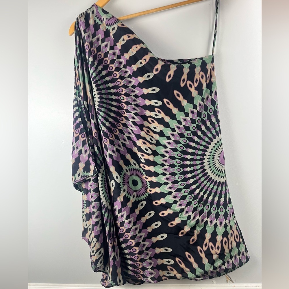 Olivaceous asymmetrical sleeve 100% silk mini purple black printed dress size S